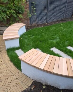 Bespoke curved Cedar benches, made to measure. Safely delivered today by Lee. The benches were made from a ply template taken of the rendered walls. Great job by our excellent Joiner Alfie. Its his birthday 🎉🎉🎉today as well! Happy birthday Alf! #dreamteam #team #birthday #benches  #benchesofinstagram