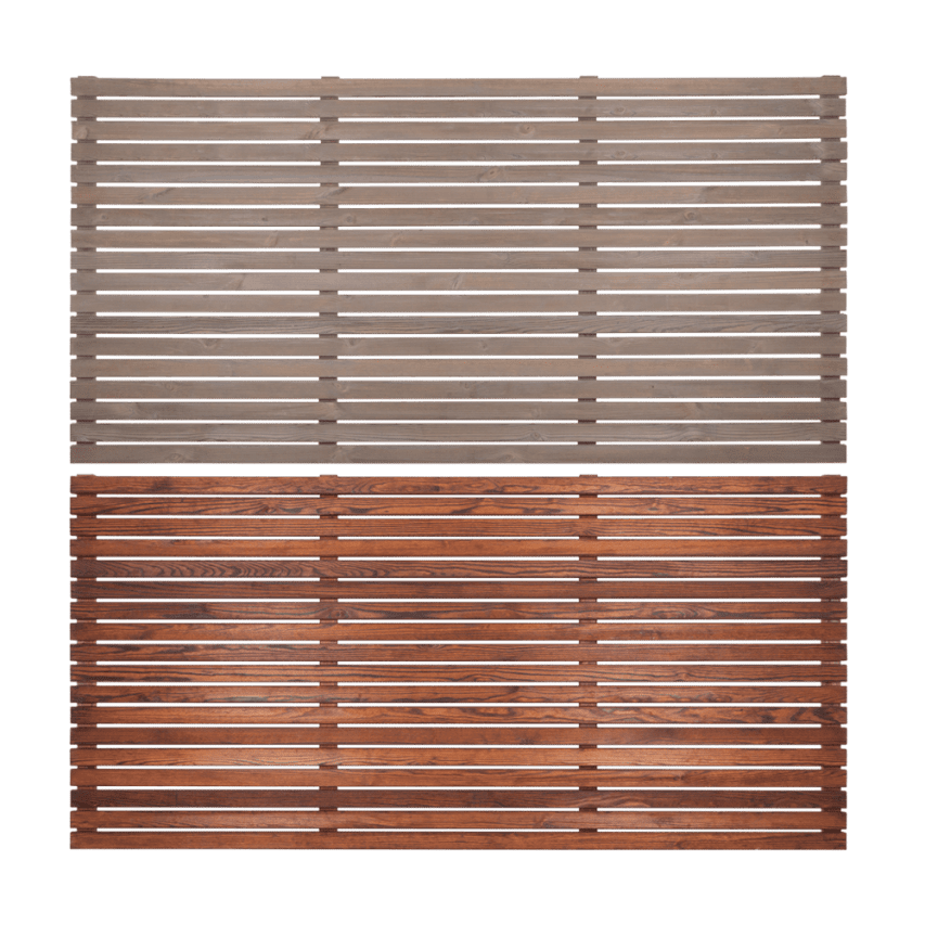 Colourguard slatted fencing panels in driftwood grey and warm teak colour